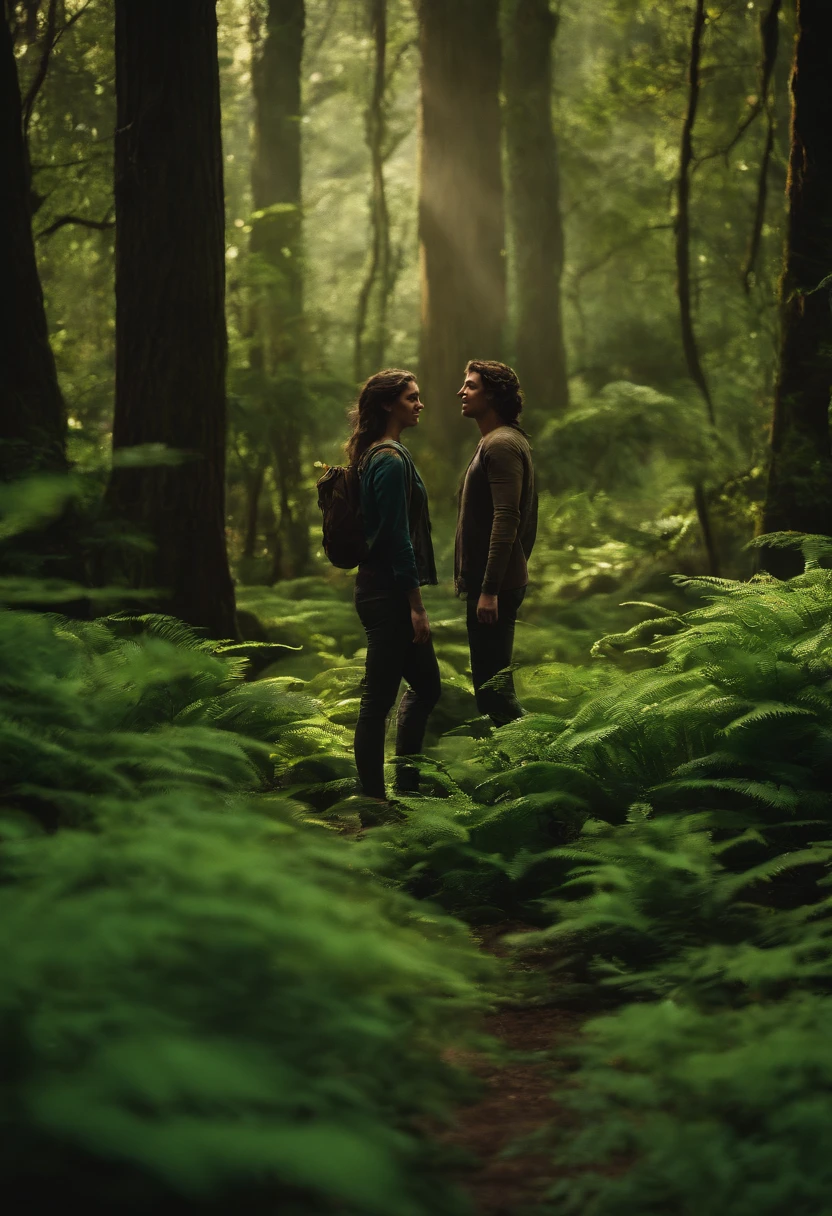 Percy Jackson e namorada, garota de olhos verdes, cabelos castanhos ondulados, pele bronzeada, Forest scenery with lilies
