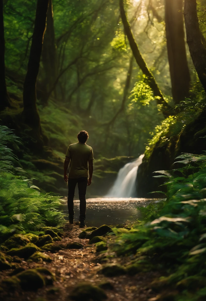 Percy Jackson e namorada, garota de olhos verdes, cabelos castanhos ondulados, pele bronzeada, Forest scenery with lilies