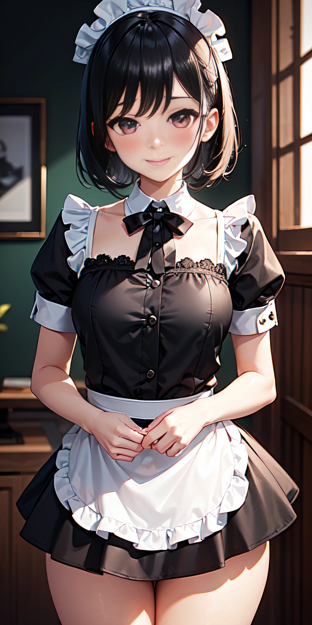 (arc: 1.3), Maid hat, Thighs, only 1 thin girl, (wallpaper), Short black hair, vibrant colors, Sharp focus, Depth of field, cinematic lighting, pretty face, Smile, seductive pose, ((0 % any clothes)), (blush:1.3), Intricate details