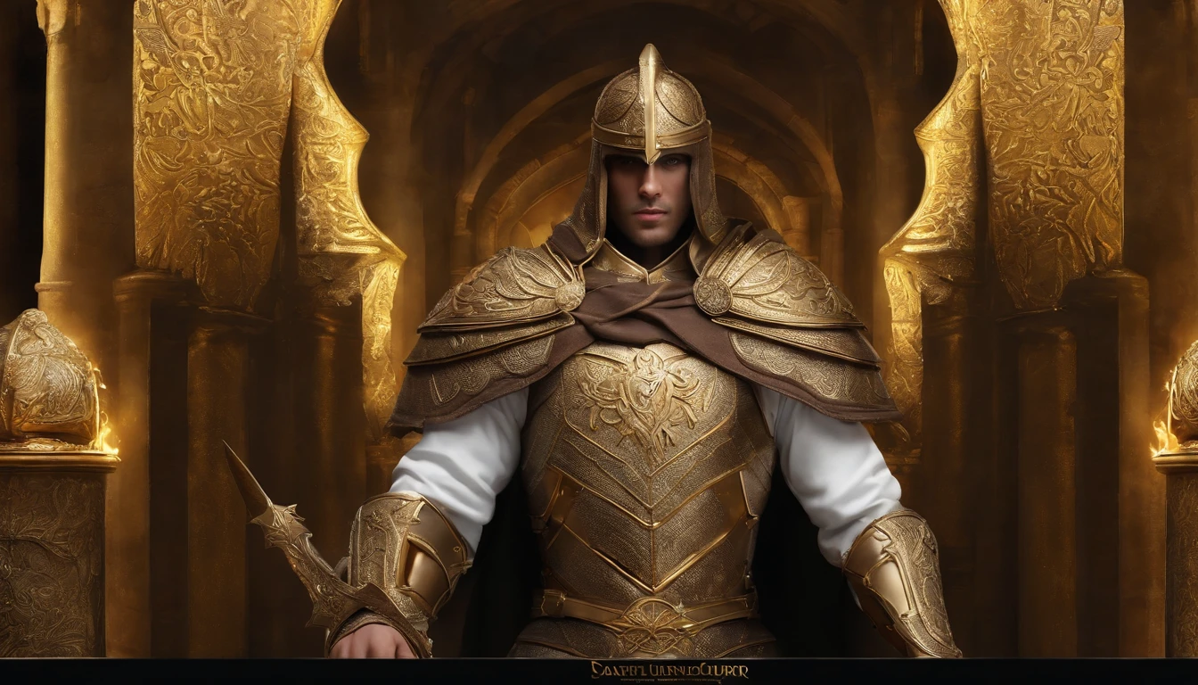 Guerrero alado con armadura medieval y capa blanca de lana, alto detalle, brillos decroicos, metal dorado, hermosa armadura, alas blancas, Epic Detail, estilo anime realistico, iluminacion dramatica, guerrero con alas, guerrero en la penumbra, anime, armadura con detalles dorados relucientes en la oscuridad