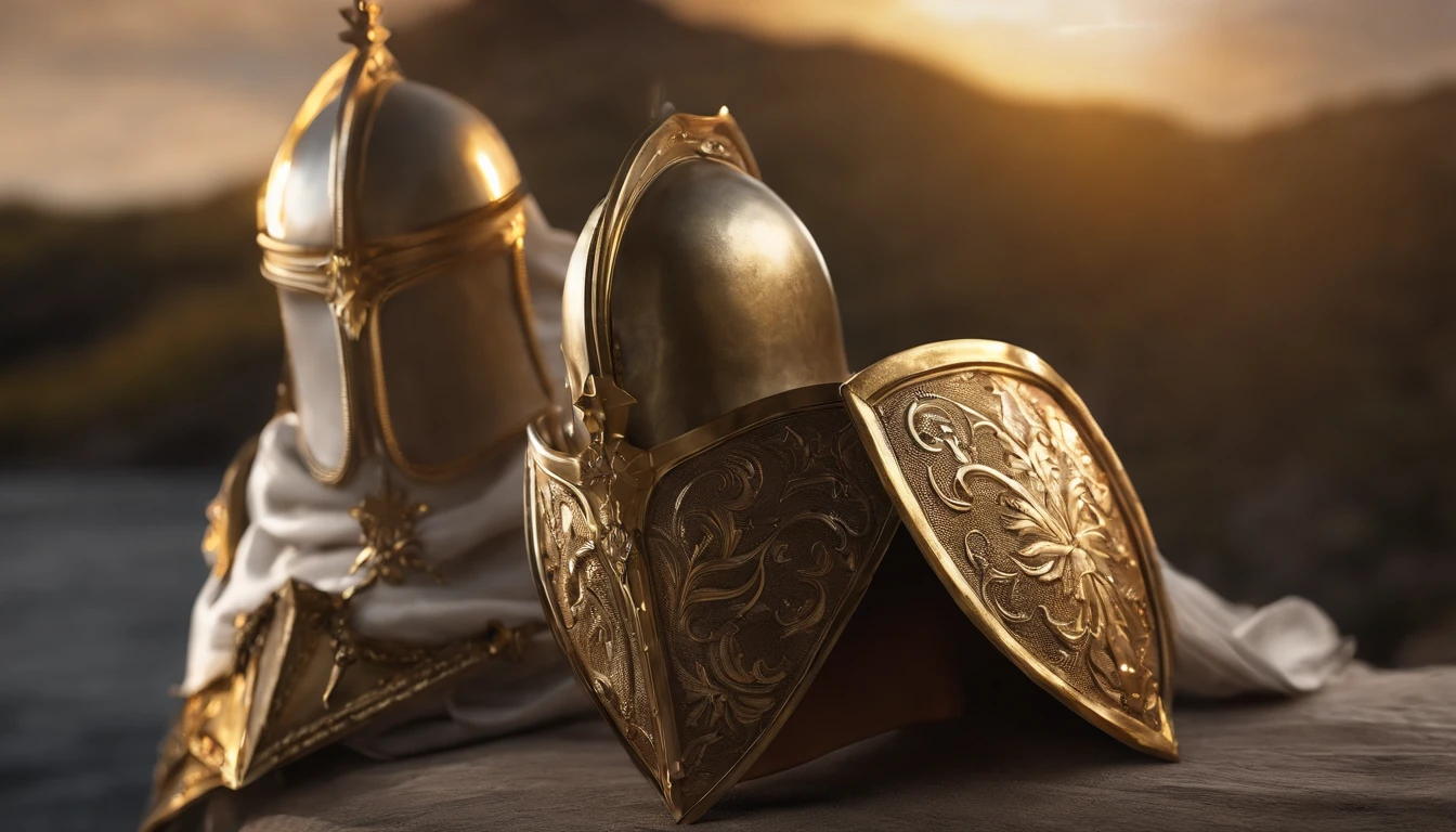 Guerrero alado con armadura medieval y capa blanca de lana, alto detalle, brillos decroicos, metal dorado, hermosa armadura, alas blancas, Epic Detail, estilo anime realistico, iluminacion dramatica, guerrero con alas, guerrero en la penumbra, anime, armadura con detalles dorados relucientes en la oscuridad