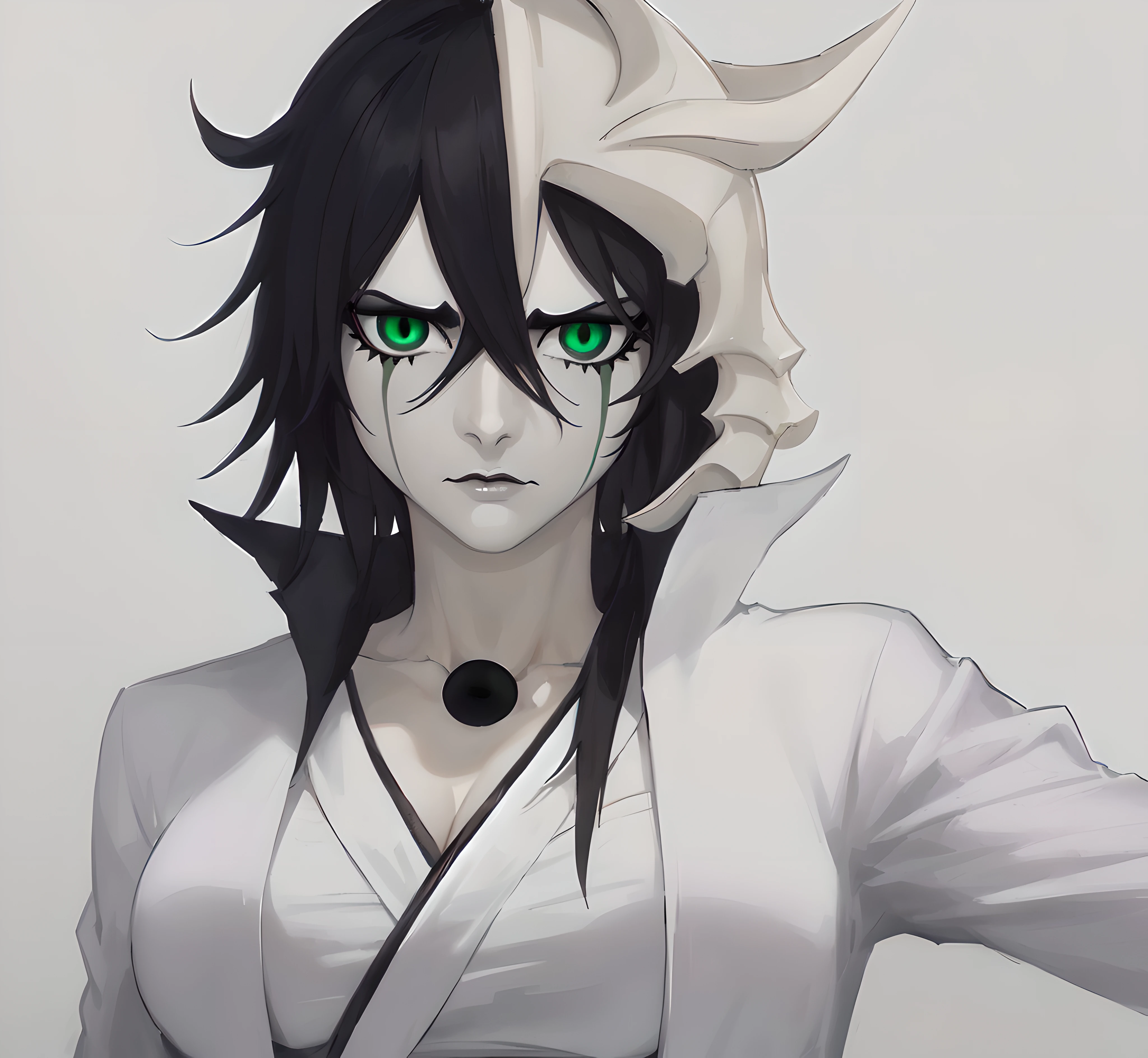 masterpiece, best quality, ulquiorra cifer, genderswap, female ulquiorra cifer, deadpan expression, female focus, black coloured upper lip, no eyebrows, eyelashes, pale grey skin, skin coloured lower lip, green lines which descend from the lower part of eyes, feminine lips, slit-shaped pupils