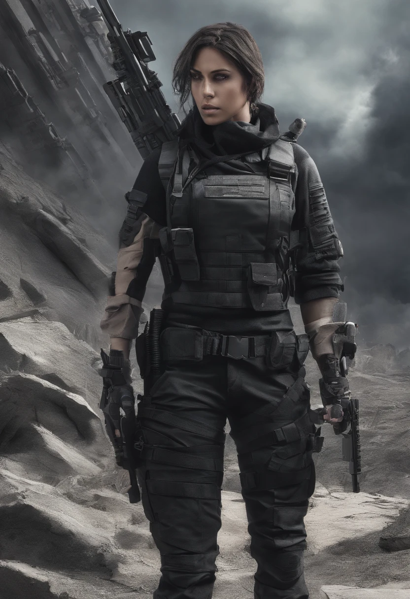 master part, altamente detalhado, 1st grade, cabelo raspado nas laterais preto, olhos perfeitos castanhos, Black top with rolled-up sleeves, tactical pants, Botas pretas, bullet proof vest, segurando um rifle calibre 12.
