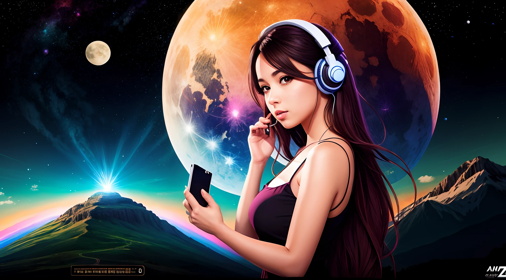 mulher linda, ESCUROS cabelo liso muito comprido, estilo retrato , with headphones holding a Pink Floyd album, O lado escuro da lua, lado escuro, anime moe artstyle, prisma, 2 d cg |, Art not Guweiz style, 3840x2160, 3840 x 2160, Estilo anime 4K, papel de parede!, Fanart de alta qualidade