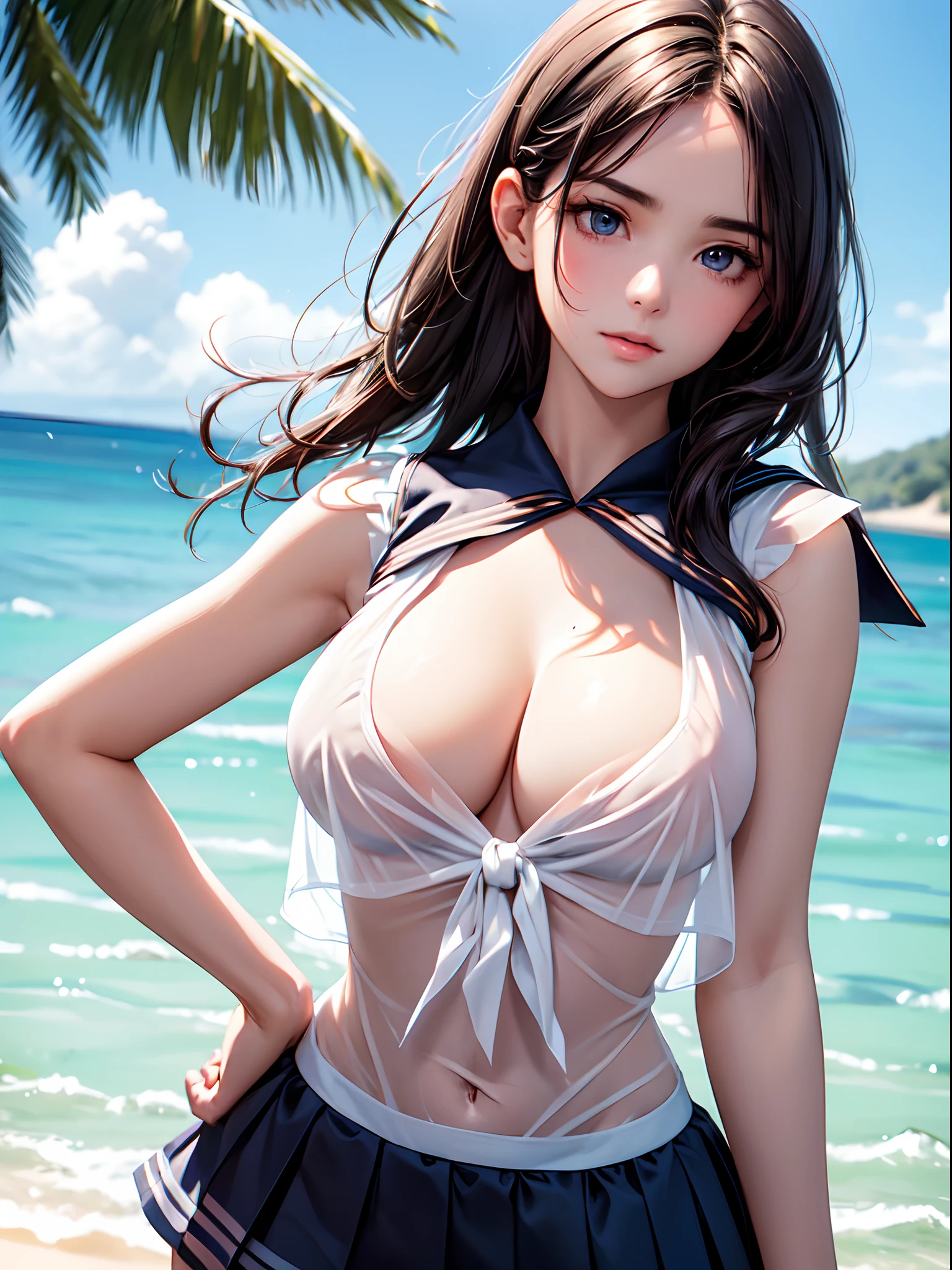 Close up of face , beautiful face, cute face, (((toppless))), (((sheer sailor shirt , Sleeveless ))), (((Show off cleavage))), (((Large breasts))), (((Open front))), Detailed beautiful eyes, (((Sunny))), extremely detailed CG unified 8k wallpaper, very fine 8KCG wallpaper, (masterpiece, Best Quality), High resolution, Ultra-detailed, ultra-sharp, 1 girl, Naked, perfecteyes eyes