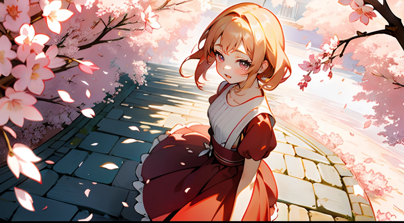 ((​masterpiece:1.4、top-quality)) 、(Cherry blossoms and 18-year-old woman、Wearing spring clothes and looking up at cherry blossom branches、The sun is shining and the eyes are squinting、18-year-old woman wearing cherry colored dress、cute little、Hands folded behind your back、Angle from the top、Blonde spiked hair and brown eyes、) 、(Cherry colored dress、) 、Cobblestone ground、Cherry blossom petals are fluttering、