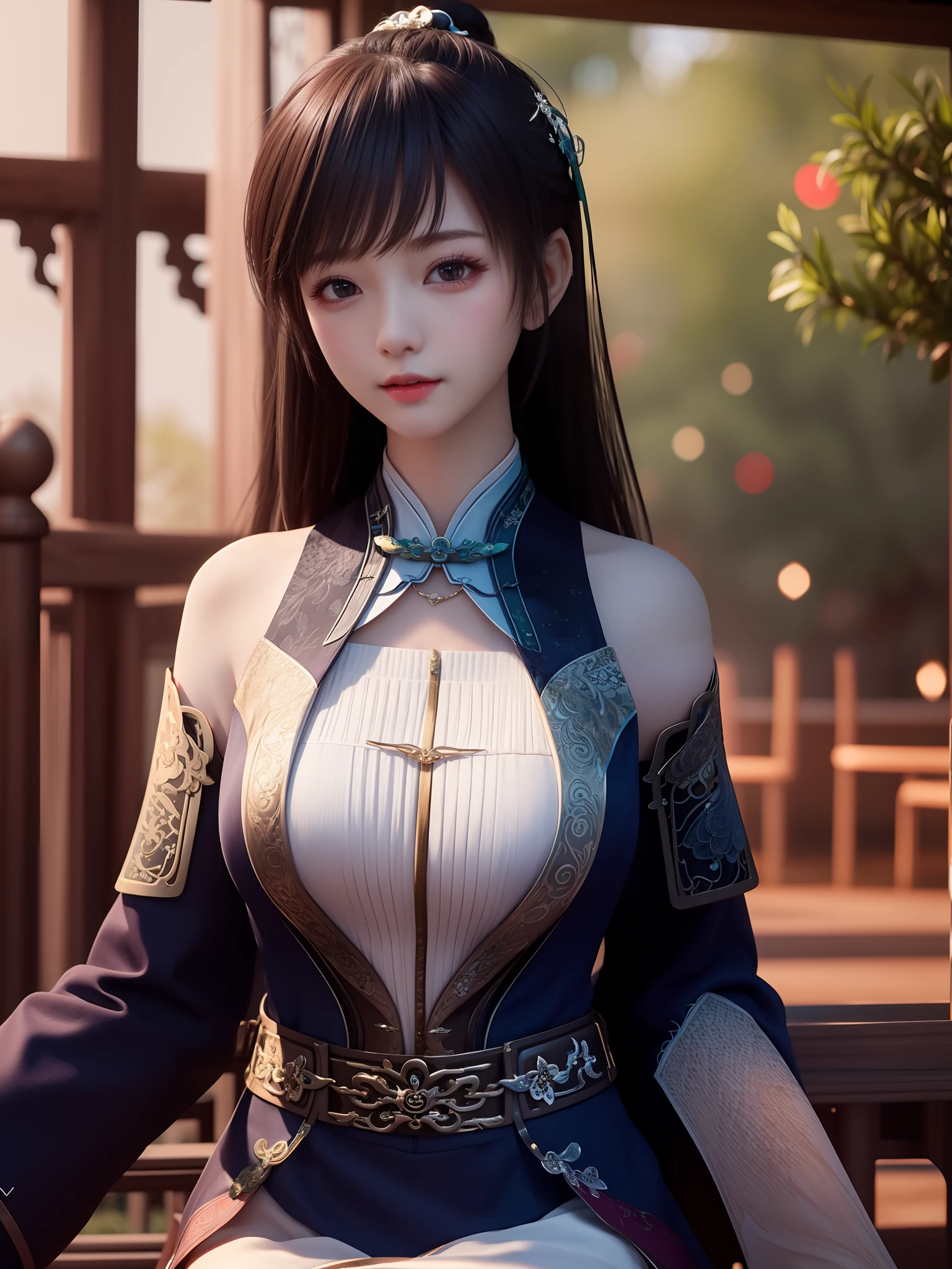 1girl,long hair,ln the forest，hillside，Quiet，Rustic，High-definition detail、Hyper-detailing、cinematic ligh、ultra-realistic realism、Soft light、Deep field focus bokeh、on cheongsam，full bodyesbian