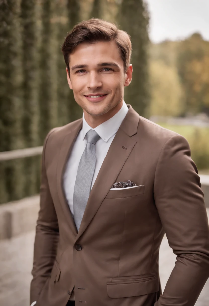 attractive 30 year old athletic man with short brown hair in Hugo boss business suit, full body shot, smile