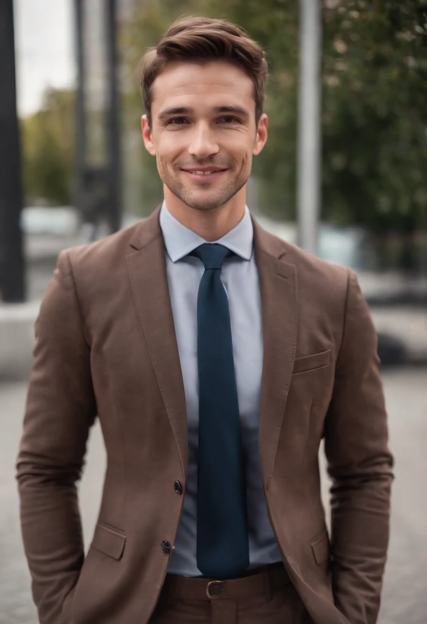 attractive 30 year old athletic man with short brown hair in Hugo boss business suit, full body shot, smile