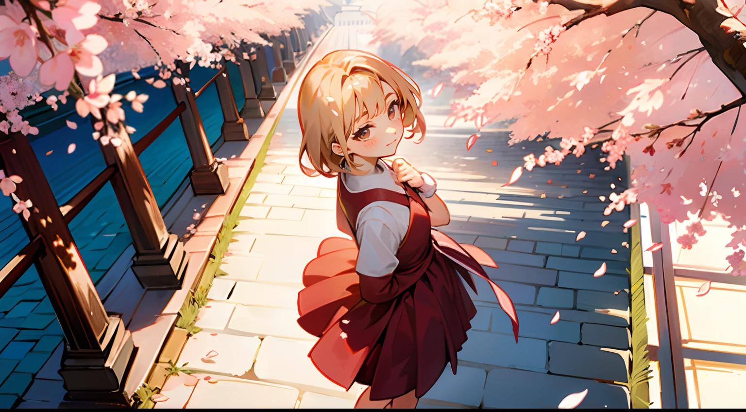 ((​masterpiece:1.4、top-quality)) 、(Cherry blossoms and 18-year-old woman、Wearing spring clothes and looking up at cherry blossom branches、The sun is shining and the eyes are squinting、18-year-old woman wearing cherry colored dress、cute little、Hands folded behind your back、Angle from the top、Blonde spiked hair and brown eyes、) 、(Cherry colored dress、) 、Cobblestone ground、Cherry blossom petals are fluttering、