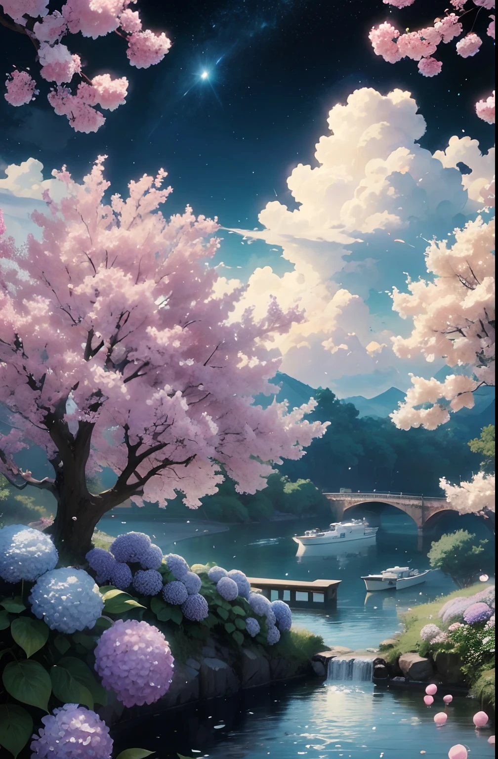 bubbles and swirling fountains, painting of a beautiful landscape with a river and a bridge, beautiful art uhd 4 k, anime beautiful peace scene, anime nature, anime art wallpaper 4k, cotton candy, fluffy, beautiful puffy drillhair woman, hydrangea, mock orange, fragrance, orange scent, cherry blossom, swirling cotton candy clouds, anime art wallpaper 4 k, scenery artwork, anime art wallpaper 8 k, anime landscape wallpaper, beautiful anime scenery, anime nature wallpap, beautiful anime scene, anime wallpaper 4k, anime style 4 k