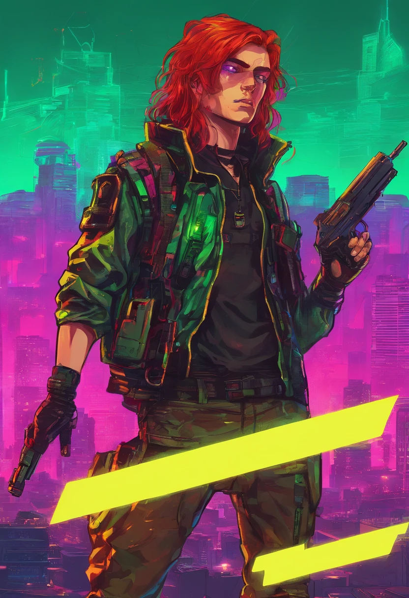 Masterpiece, highly detailed, 1Boy, long red hair, green perfecteyes, black top with rolled up sleeves, tactical pants, black boots, bulletproof vest, holding pistol.