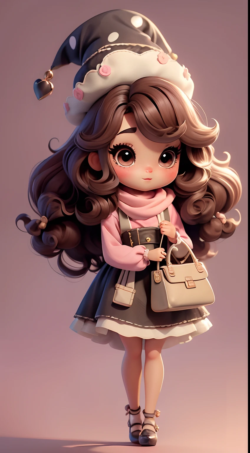 Create Chibi-style afro doll outfits with cute vintage chic themes., Each piece has a lot of detail and 8K resolution.. All dolls should follow the same and complete stable background pattern in the picture., Show (full entire body, Including legs: 1.5)
Witch's Apprentice Doll: Call her Mia.. She must have moderately wavy brown hair.. Your eyes should be big and curious., It has long eyelashes and slightly pink cheeks.. Mia should dress in delicate outfits and delicate and beautiful polka dot shirts and hats.. She should hold delicate and thin jewelry.. Add details like bags and scarves to the apron to make it more glamorous., Cute shoes
Don't forget to add shadows., Texture and detail in hair, clothes, Beautiful appliances, To make them more cute and charming..