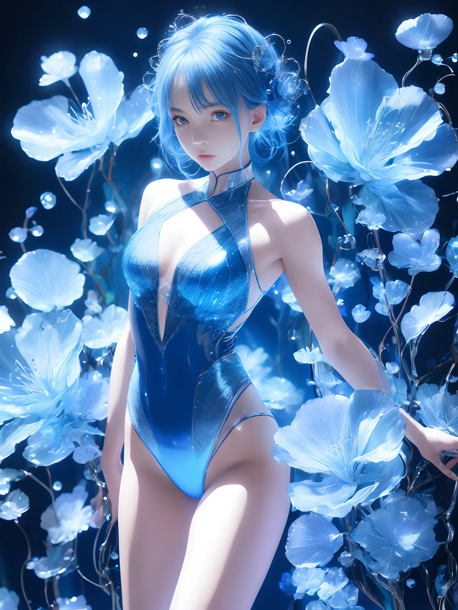 Water and blue ribbons)) surround a girl appearring from the water, her navy-blue hair twist like vines as water droplets cover her body, her waist twist in motion her arms criss-cross above her head, wearing a blue leather leotard attached to sparking, friffky, transparent skirt