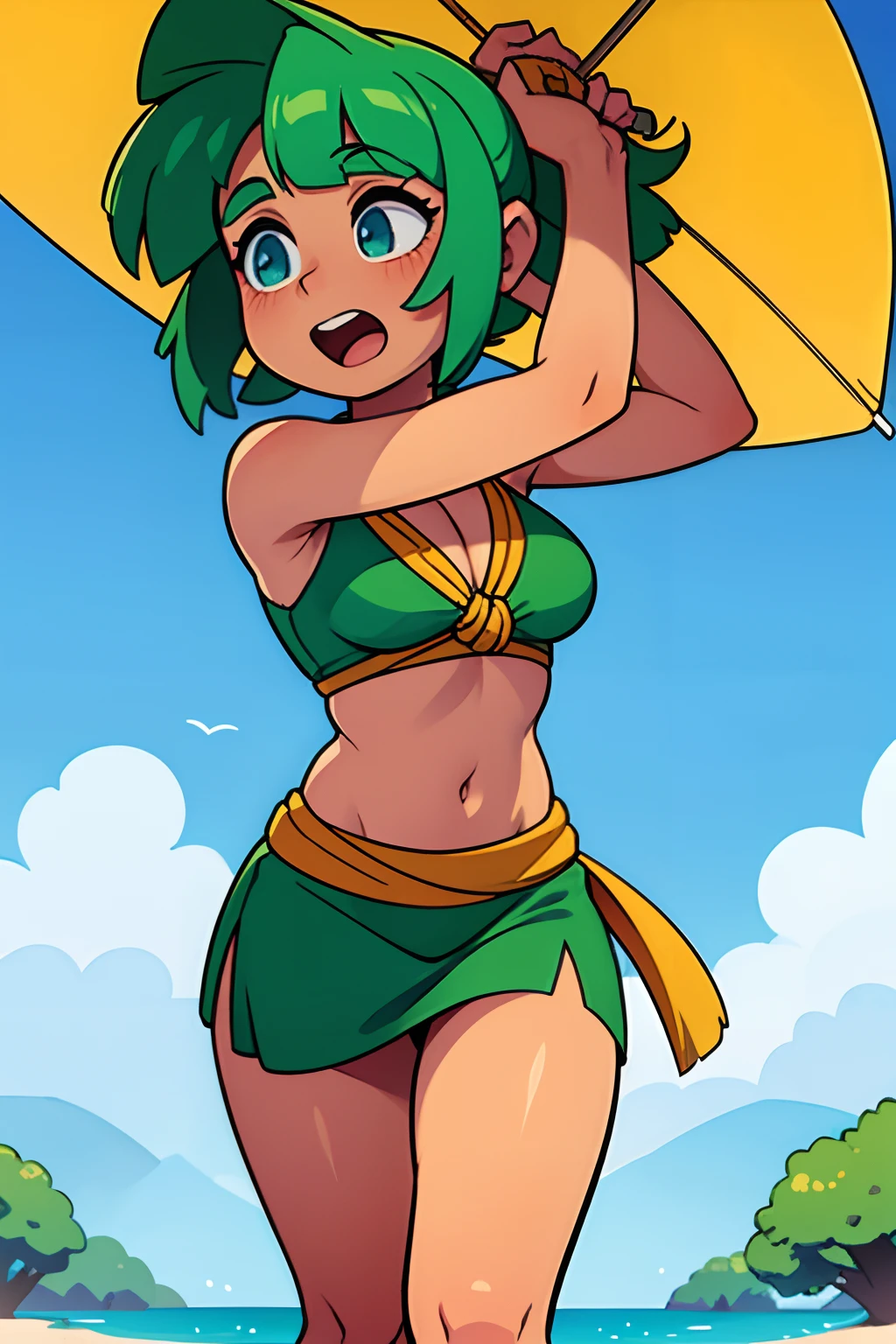 It creates Kefla with extravagant breasts that stand out from all over her body with a tight short bikini that shows her breasts from the outside along with a great ass