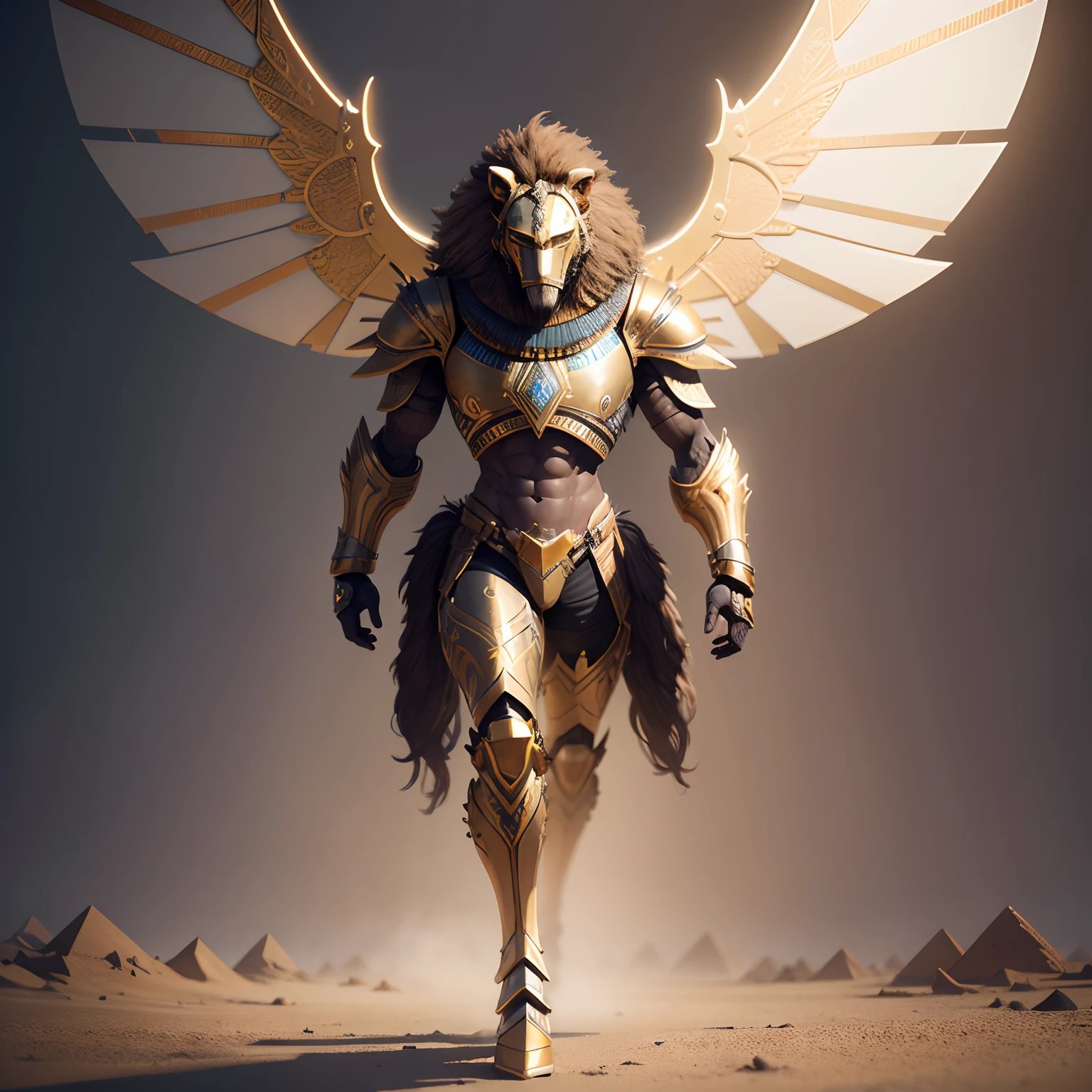 Lion warrior has Egyptian robot wings in realistic 4K armor., full entire body,Super Detailed, Vray Display, Unrealistic engine, Midjourney Art Style.