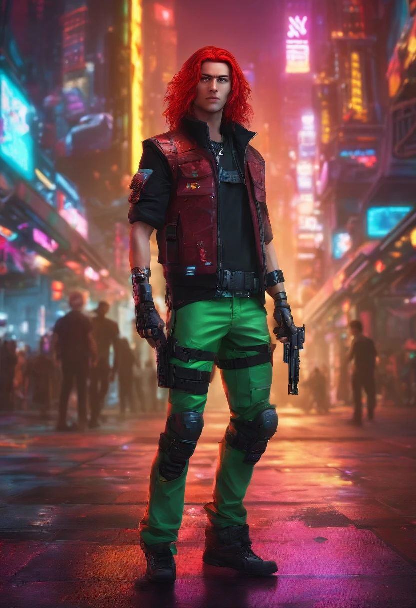 Masterpiece, highly detailed, 1Boy, long red hair, green perfecteyes, black top with rolled up sleeves, tactical pants, black boots, bulletproof vest, holding pistol.