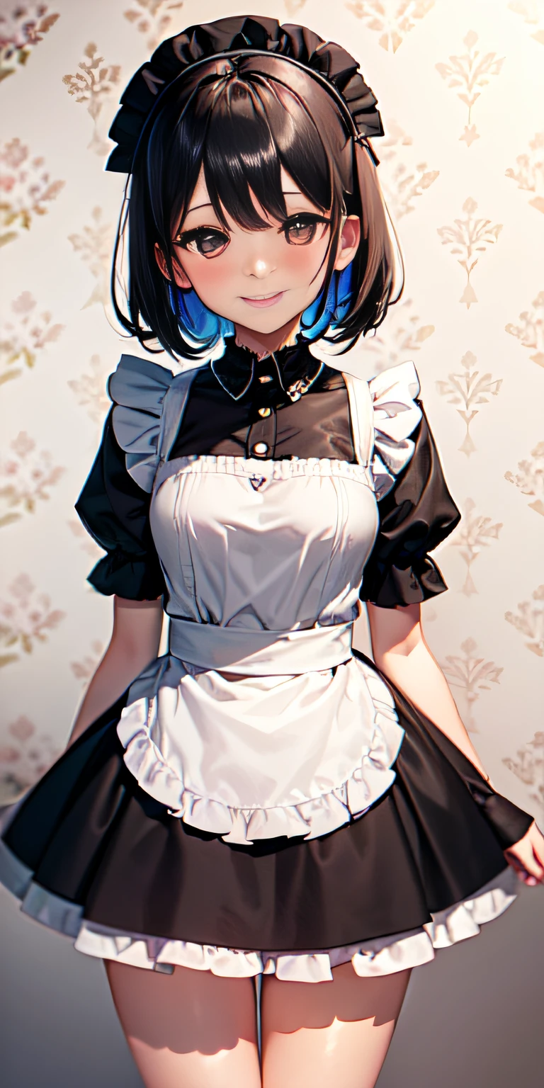 (arc: 1.3), Maid hat, Thighs, only 1 thin girl, (wallpaper), Short black hair, vibrant colors, Sharp focus, Depth of field, cinematic lighting, pretty face, Smile, seductive pose, ((0 % clothes)), (blush:1.3), Intricate details