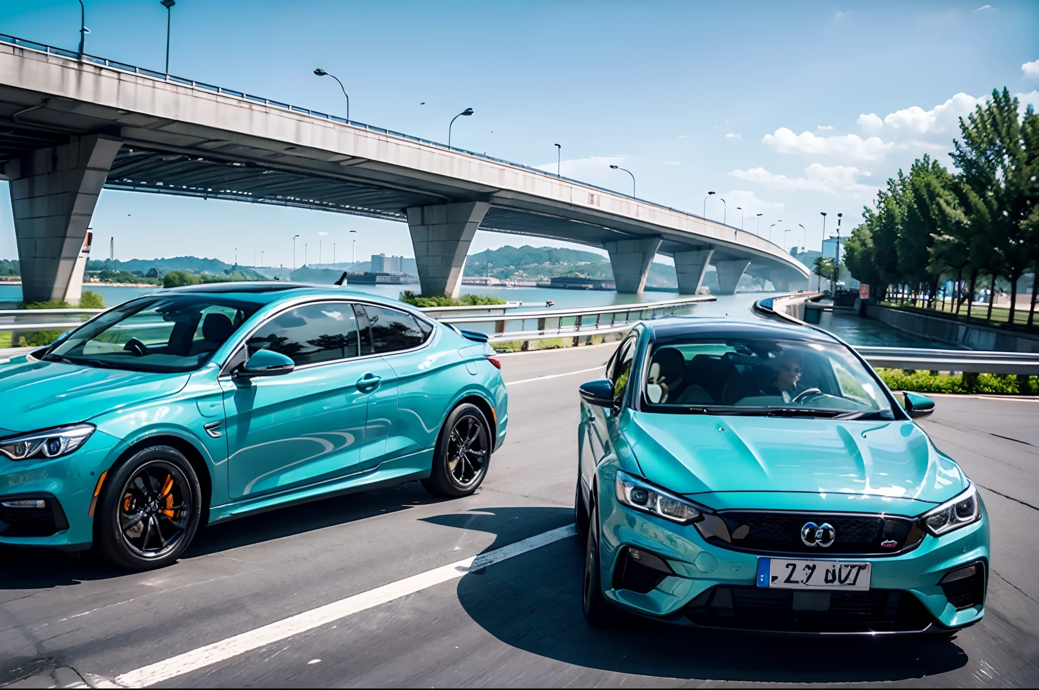 Coupe，cyan colors，The whole car adopts the Qinglong style，The door is closed，Drive on the highway