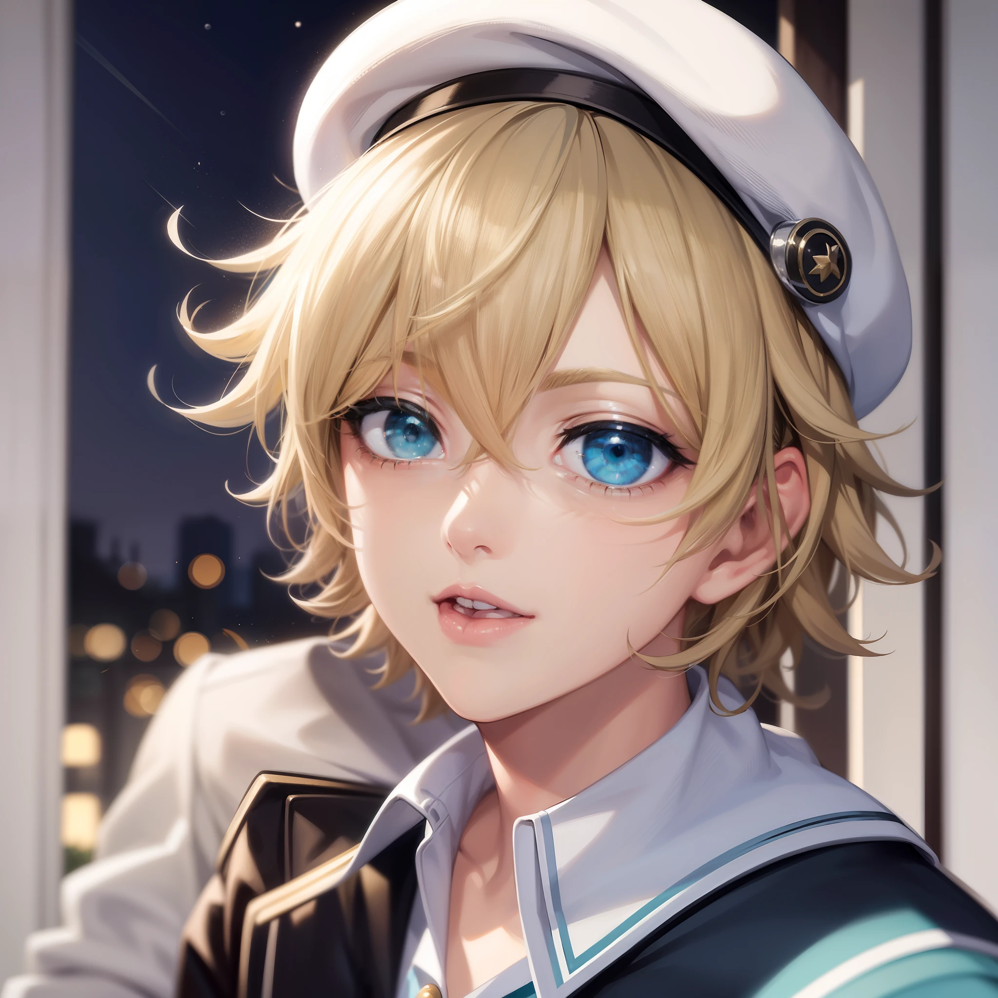 Masterpiece, best quality, white-blonde hair, bangs, gradient _ eyes, beautiful detail eyes, aqua green eyes, eye shadow, short hair, boy, mature, idol, night, moon, collared shirt, walk, sailor collar, jacket, colorful eyes, hat, laugh,