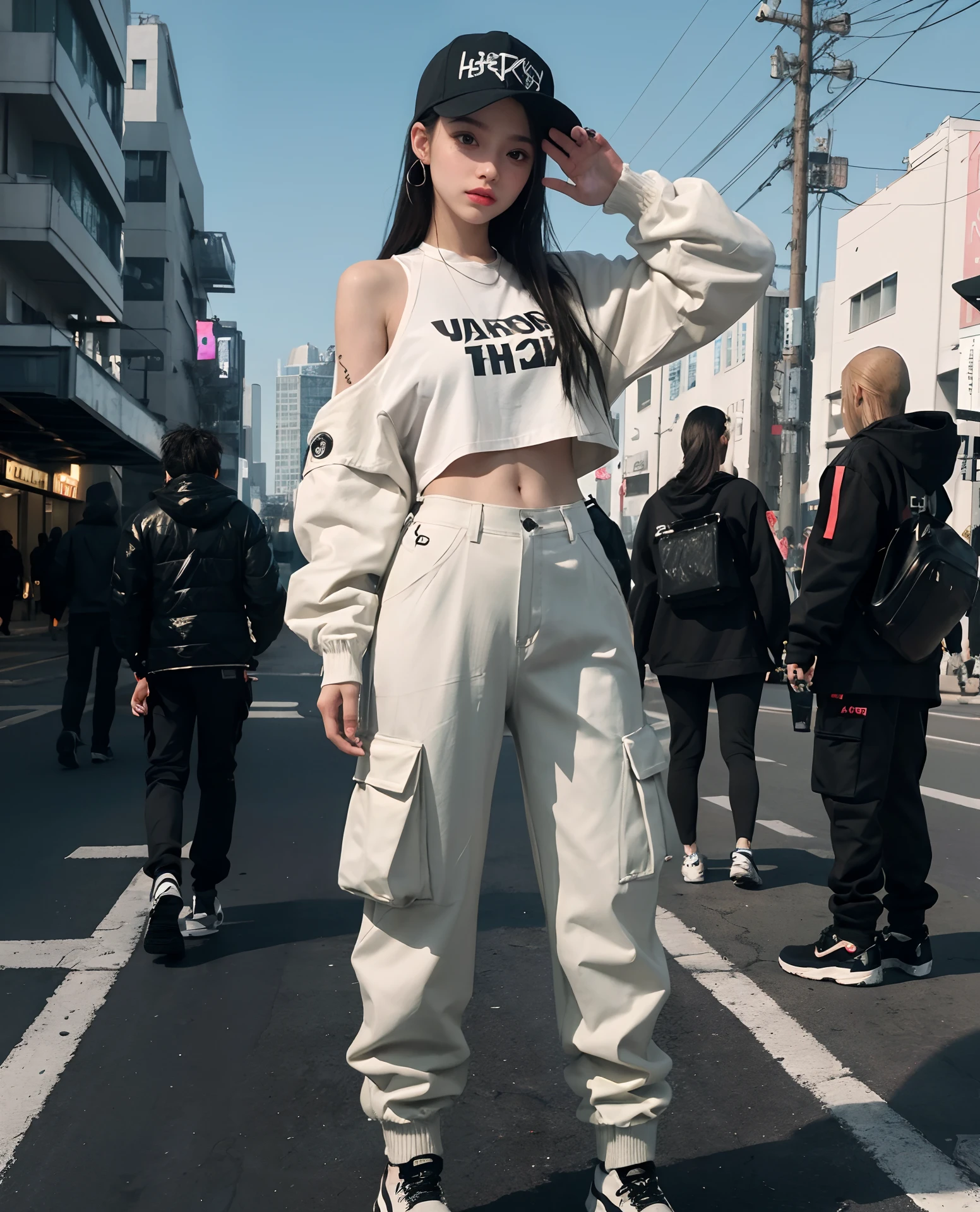 8K, RAW photos, Best quality, Masterpiece: 1.2),(best qualtiy，8K, Yes，32K，masterpiece，hyper HD：1.2) , 20 years old,arafed woman taking a picture of herself in a mirror, cargo pants. cyberpunk city, 2 0 2 0 fashion, cargo pants, cyberpunk streetwear, baggy pants, wearing cargo pants, y 2 k style, y2k style, street clothes, white trendy clothes, wearing cyberpunk streetwear, 2 techwear women, cute casual streetwear, large pants