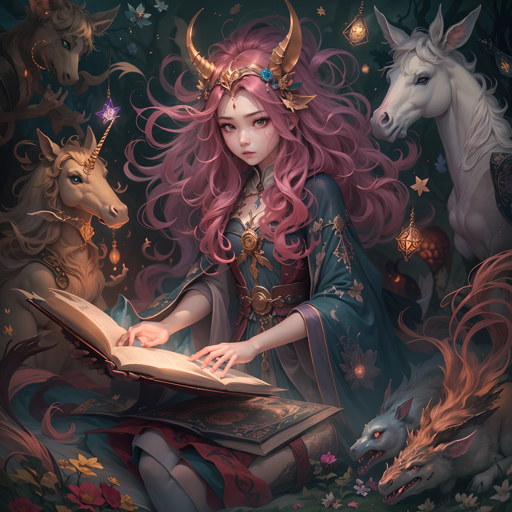 On top，One can be seen（feiticeiras misteriosas），Cast and cast spells from her magic book。She has long flowing hair，Wear a cloak decorated with intricate symbols and patterns。Her eyes（Sharp and intense），Exudes raw power and a hint of mischief。The witch is surrounded by an array of fantasy creatures，wie z（a unicorn、faeries、drak），Adds charm to the scene。
