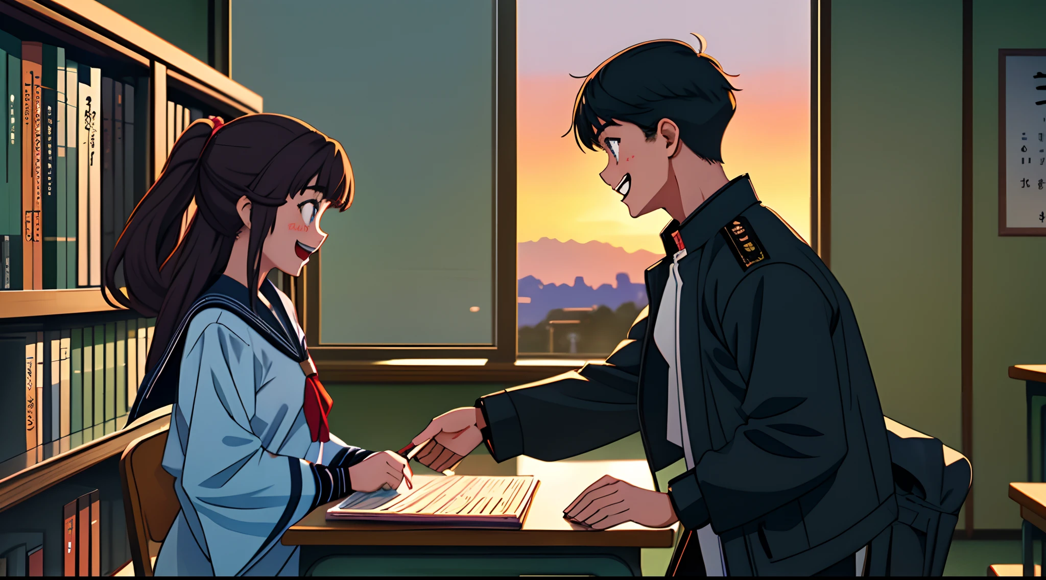 Set in a modern Japan high school library。at the sunset。Boys and girls studying while unfolding math textbooks。The two are laughing at each other。The two are making eye contact。The two are dressed in Gakuran and Sailor Uniform