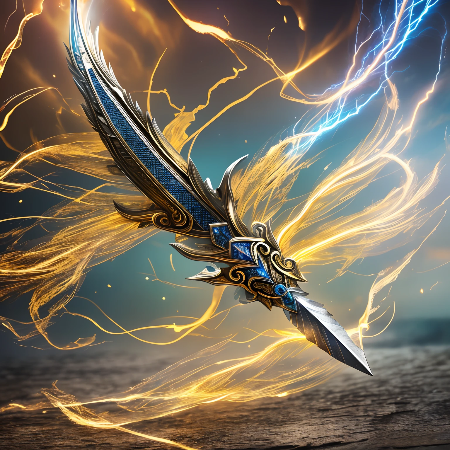 (best quality,highres,masterpiece:1.2),ultra-detailed,realistic,photorealistic:1.37,shimmering glass sword shaped like a feather with crackling lightning running through its core,gentle whisps of wind swirling around,ethereal glow,subtle reflections,translucent and delicate,awe-inspiring craftsmanship,impressive attention to detail,vivid colors,sublime lighting, thunderstorm background