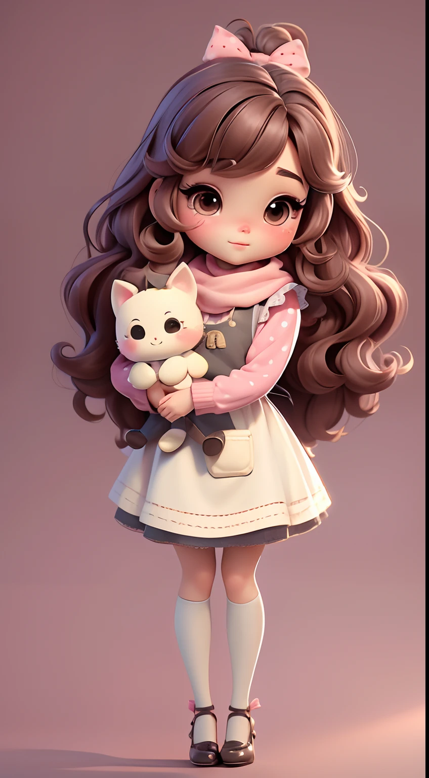 Create chibi-style doll outfits with cute vintage chic themes., Each piece has a lot of detail and 8K resolution.. All dolls should follow the same and complete stable background pattern in the picture., Show (full entire body, Including legs: 1.5)
Witch's Apprentice Doll: Call her Mia.. She must have moderately wavy brown hair.. Your eyes should be big and curious., It has long eyelashes and slightly pink cheeks.. Mia should dress in delicate outfits and delicate and beautiful polka dot and bow shirts.. She should hold delicate and thin jewelry.. Add details like bags and scarves to the apron to make it more glamorous., Cute shoes
Don't forget to add shadows., Texture and detail in hair, clothes, Beautiful appliances, To make them more cute and charming..