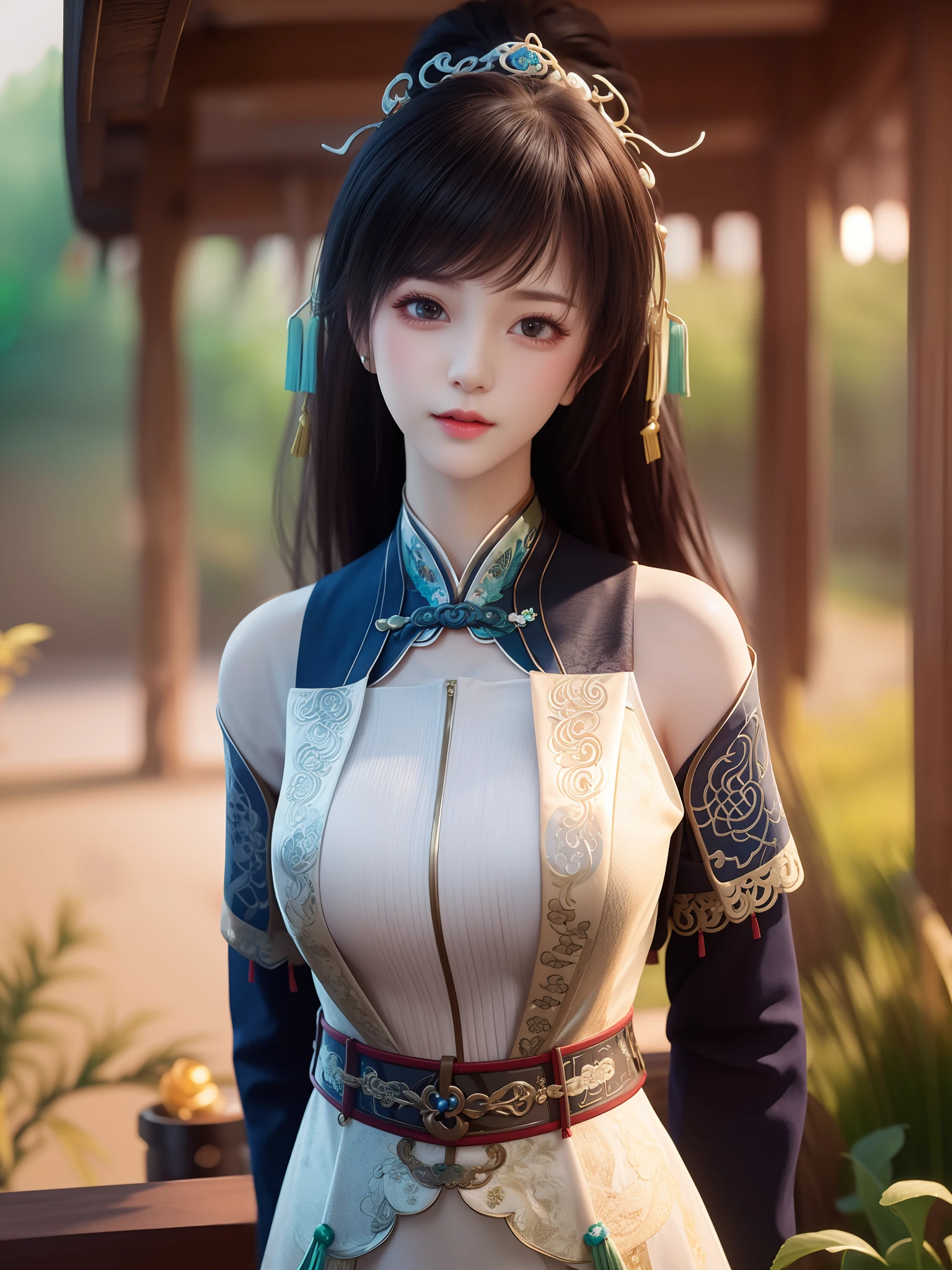 1girl,long hair,ln the forest,hillside,Quiet,Rustic,High-definition detail、Hyper-detailing、cinematic ligh、ultra-realistic realism、Soft light、Deep field focus bokeh、on cheongsam,full bodyesbian