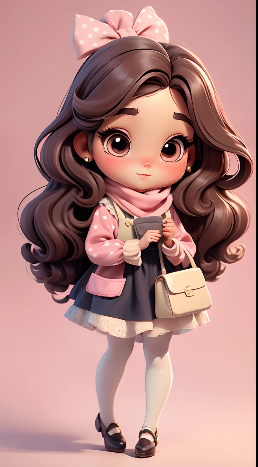 Create chibi-style doll outfits with cute vintage chic themes., Each piece has a lot of detail and 8K resolution.. All dolls should follow the same and complete stable background pattern in the picture., Show (full entire body, Including legs: 1.5)

Witch's Apprentice Doll: Call her Mia.. She must have moderately wavy brown hair.. Your eyes should be big and curious., It has long eyelashes and slightly pink cheeks.. Mia should dress in delicate outfits and delicate and beautiful polka dot and bow shirts.. She should hold delicate and thin jewelry.. Add details like bags and scarves to the apron to make it more glamorous., Cute shoes

Don't forget to add shadows., Texture and detail in hair, clothes, Beautiful appliances, To make them more cute and charming..