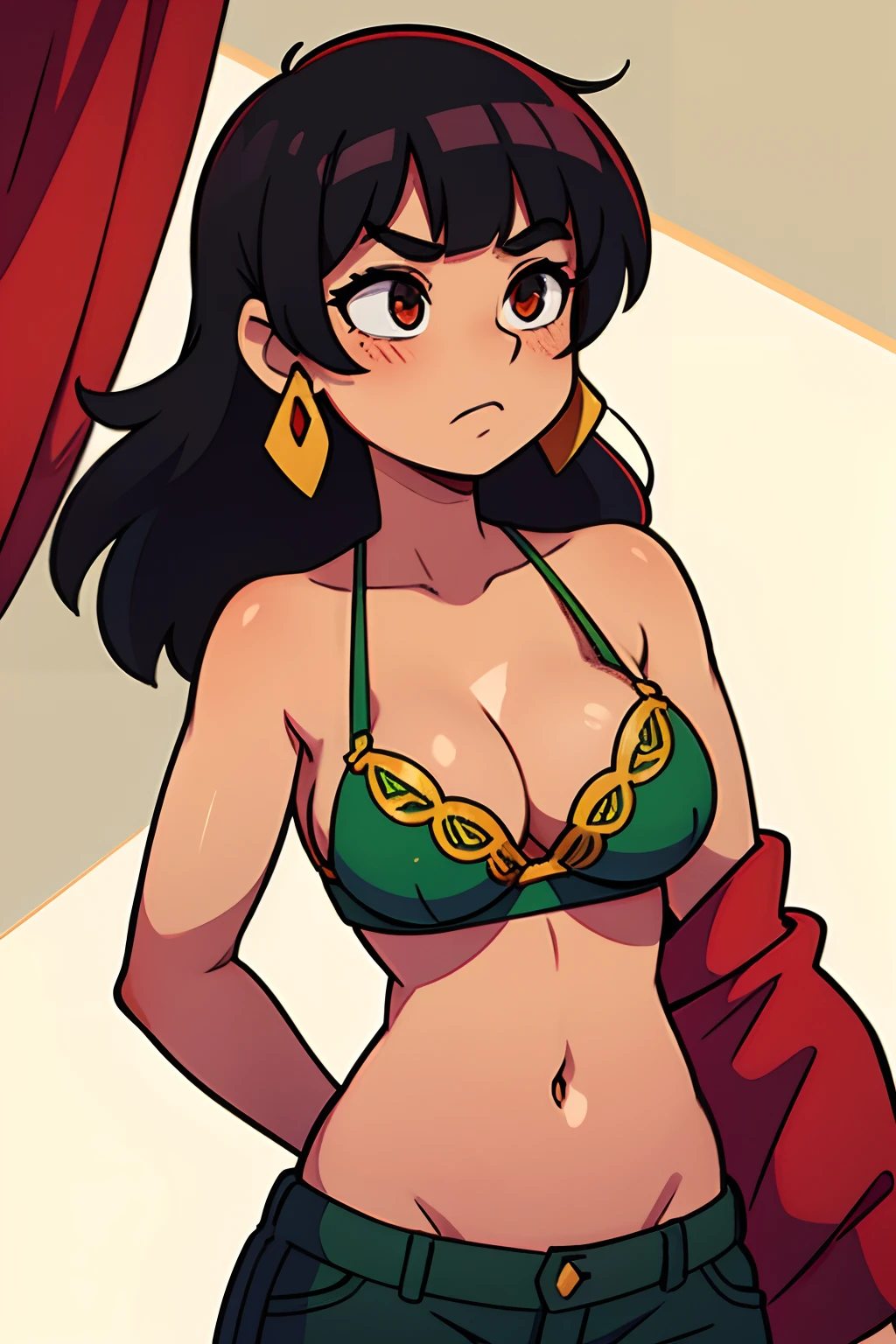 sereia com calda verde, red bra, black hair