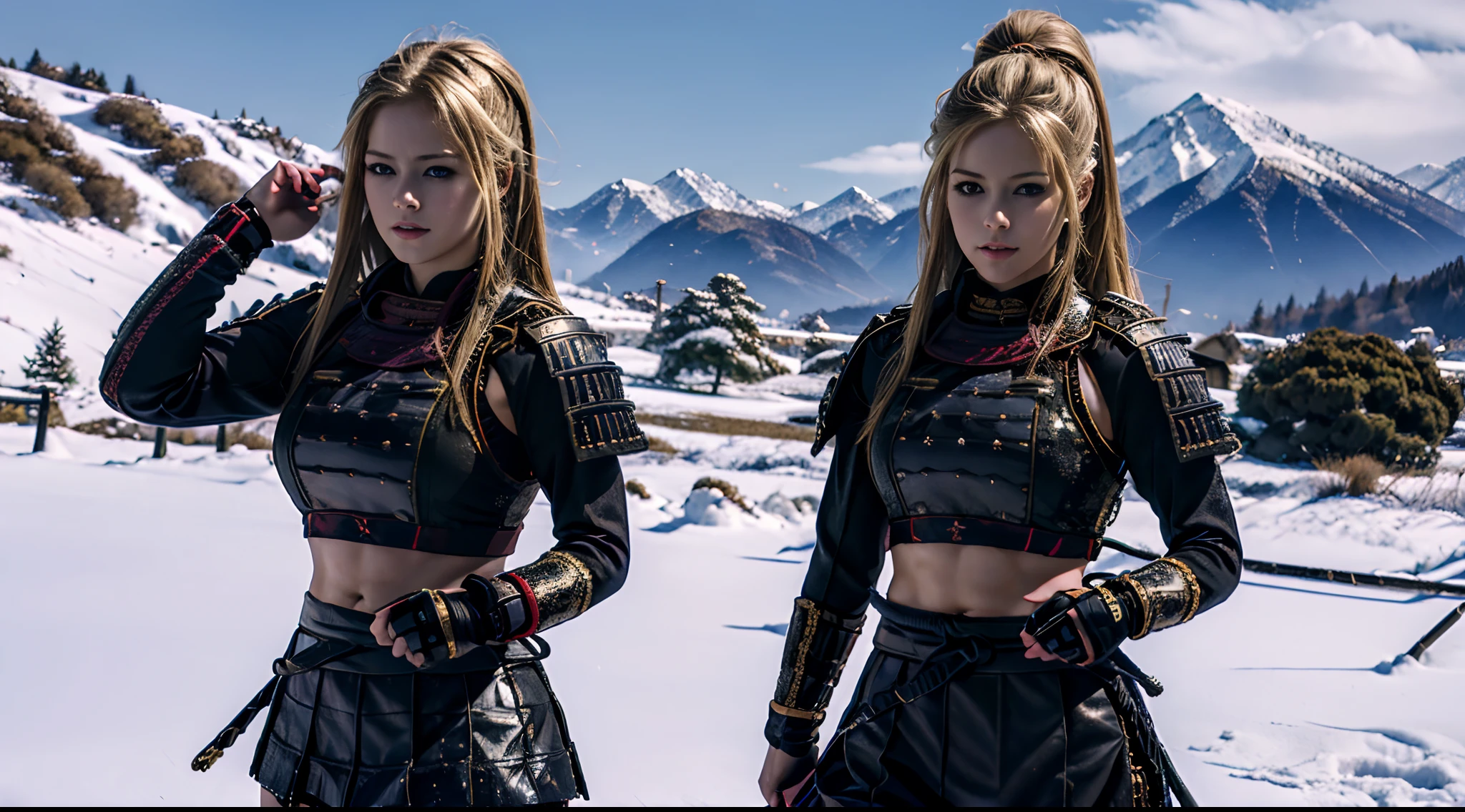 absurdres, highres, ultra detailed, ((1 girl)), young and cute 21 yr old BULKY samurai Avril Lavigne in a snowy field, 8pack abs showing. very perky round glutes. very well endowed.