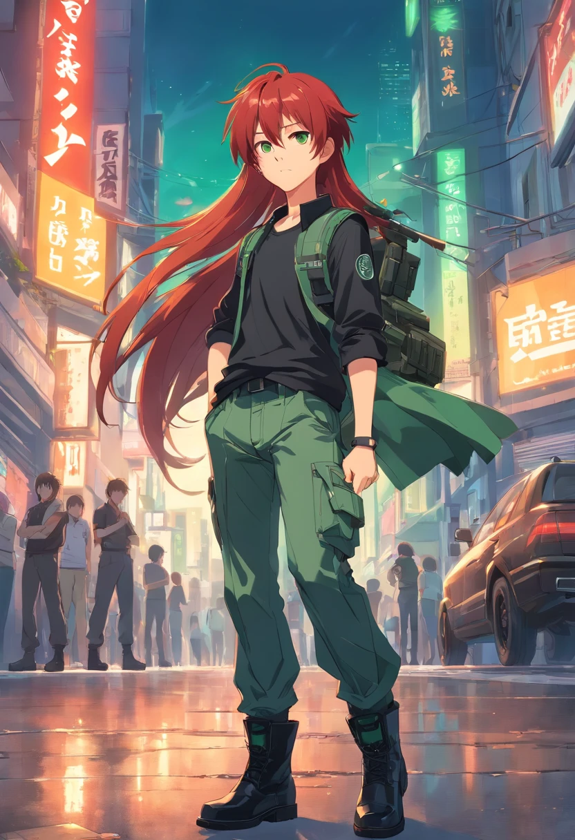 Masterpiece, highly detailed, 1Boy, long red  hair, green perfecteyes, black top with rolled up sleeves, tactical pants, black boots, bulletproof vest, holding pistol.