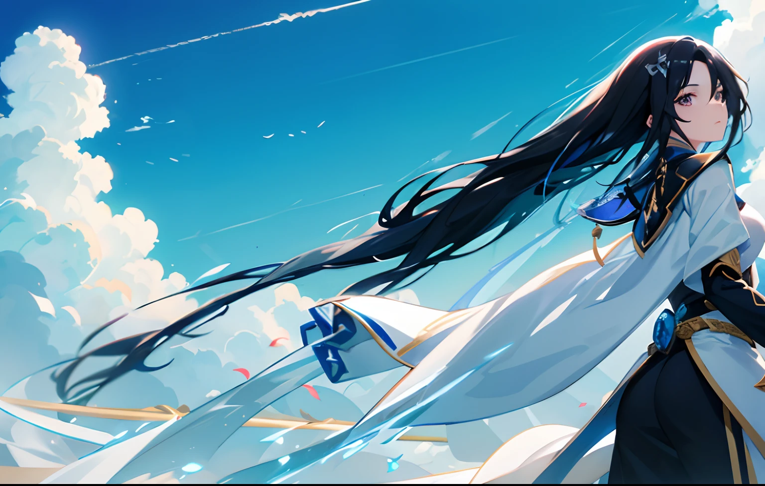 Long black hair, white Chinese swordswoman dress, futuristic sword, blue sky and cloud background, 1 anime girl facing the side