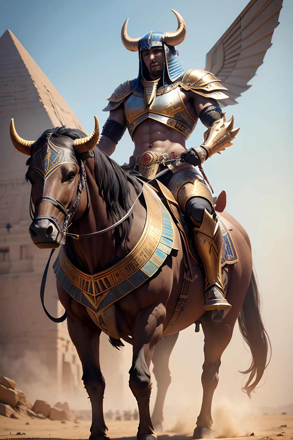 Winged robot bull warrior Egypt in realistic 4K armor., full entire body,Pyramids,Super Detailed, Vray Display, Unrealistic engine, Midjourney Art Style.