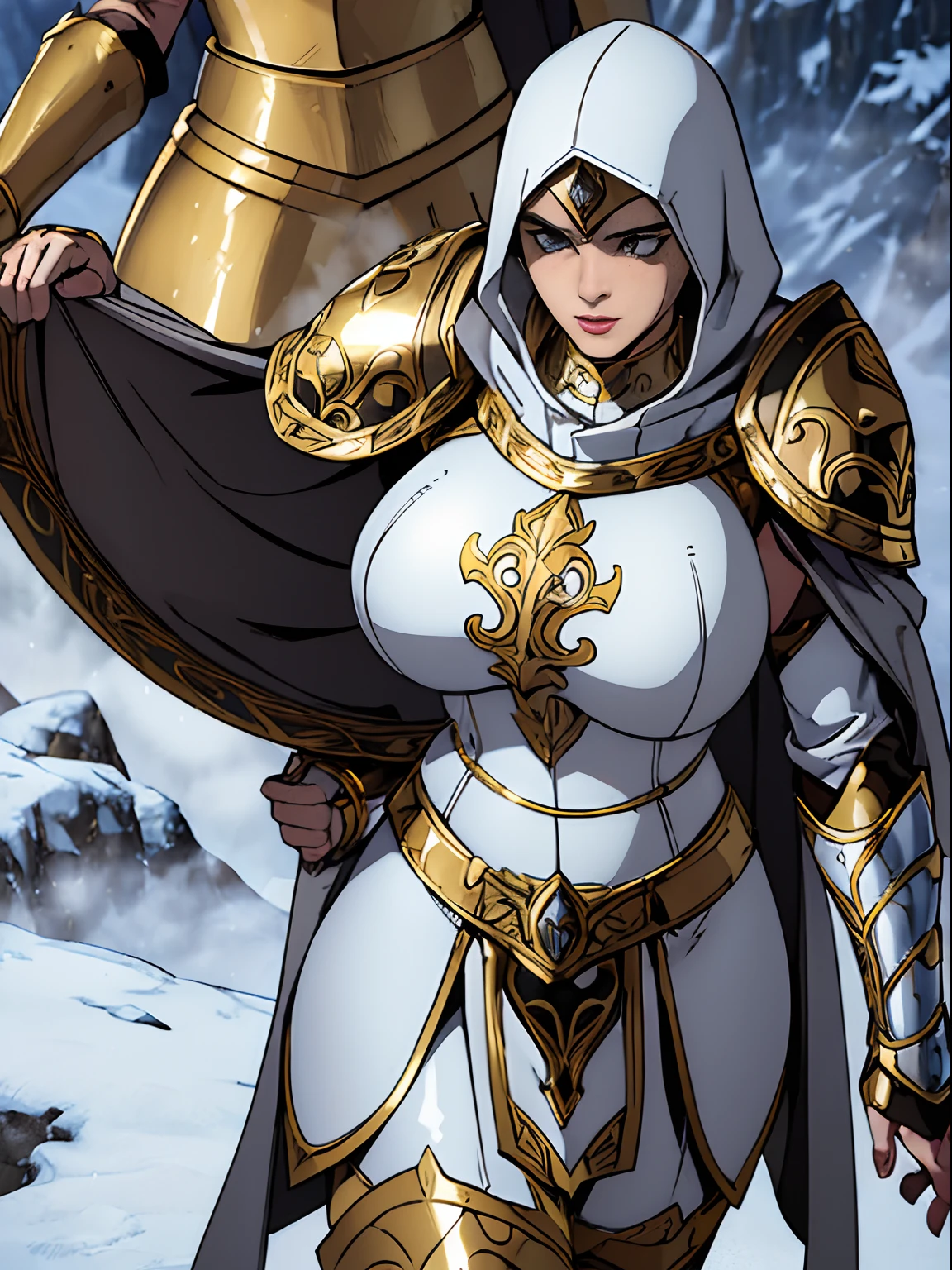 (masterpiece, top quality, best quality, official art, beautiful and aesthetic:1.2), (1girl:1.3), light freckles, fair skin, extremely detailed, portrait, looking at viewer, solo, (full body:0.6), detailed background, close up, (warm grasslands theme:1.1), holy paladin knight, charlatan, smirk, mysterious, swaying in mountains, modest attire, ((((ornate white and gold metal plate armor)))), cowl, nun hood, wimple, boob armor, cowl, robe, chain mail, chainmail, leggings, chainmail leggings, chain mail leggings, breastplate, tabard, gorget, hood, pauldrons, greaves, armored, long boots, longsword, shield, cape, cloak, pearlescent metal, white fabric, pale leather, ((((gigantic breasts)))), slim waist, slim hips, long legs, medieval (mountain exterior:1.1) background, dark mysterious lighting, shadows, magical atmosphere, dutch angle,