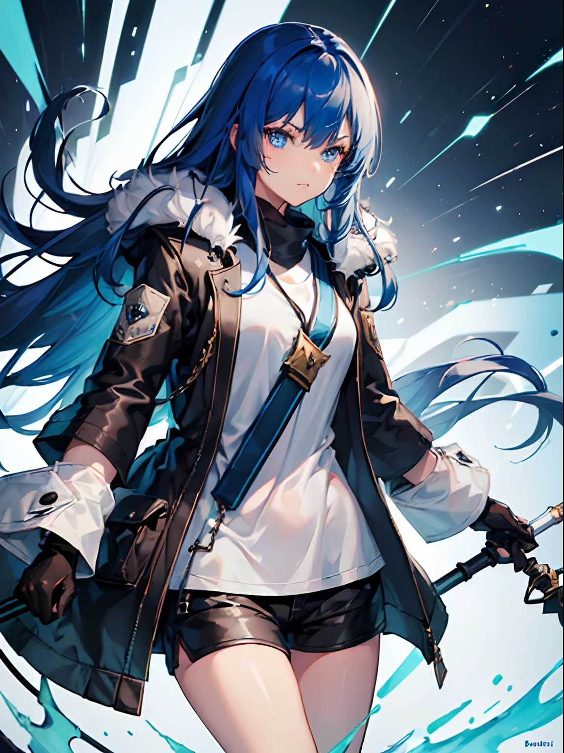 (((best quality, 1 girl))), fur-trimmed jacket, blue hair, long hair, blue eyes, bangs, upper body, closed mouth, hair between eyes, white t-shirt, black pants, full body, serious expression