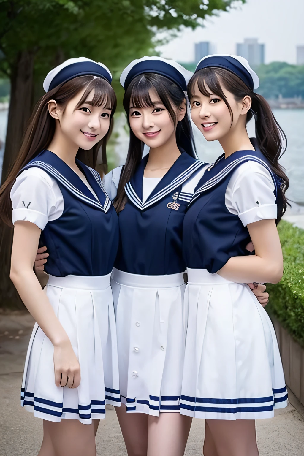 A stunning trio japanese woman with an slim figure, embrace each other, (small bosom:1.4). in sailor wearing