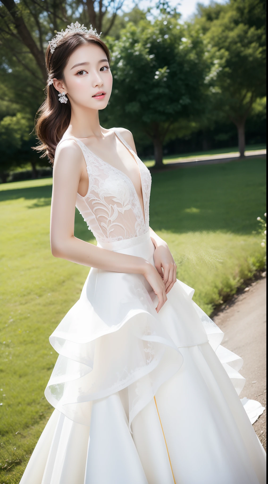 Ultra-clear resolution,top Quority,Wonderful young girl,ear studs,Clear eyes,plain face,Gloss on lips,s the perfect face,White skin,Perfect chest,Slender legs,Slim fit wedding dress,high-heels,great outdoors