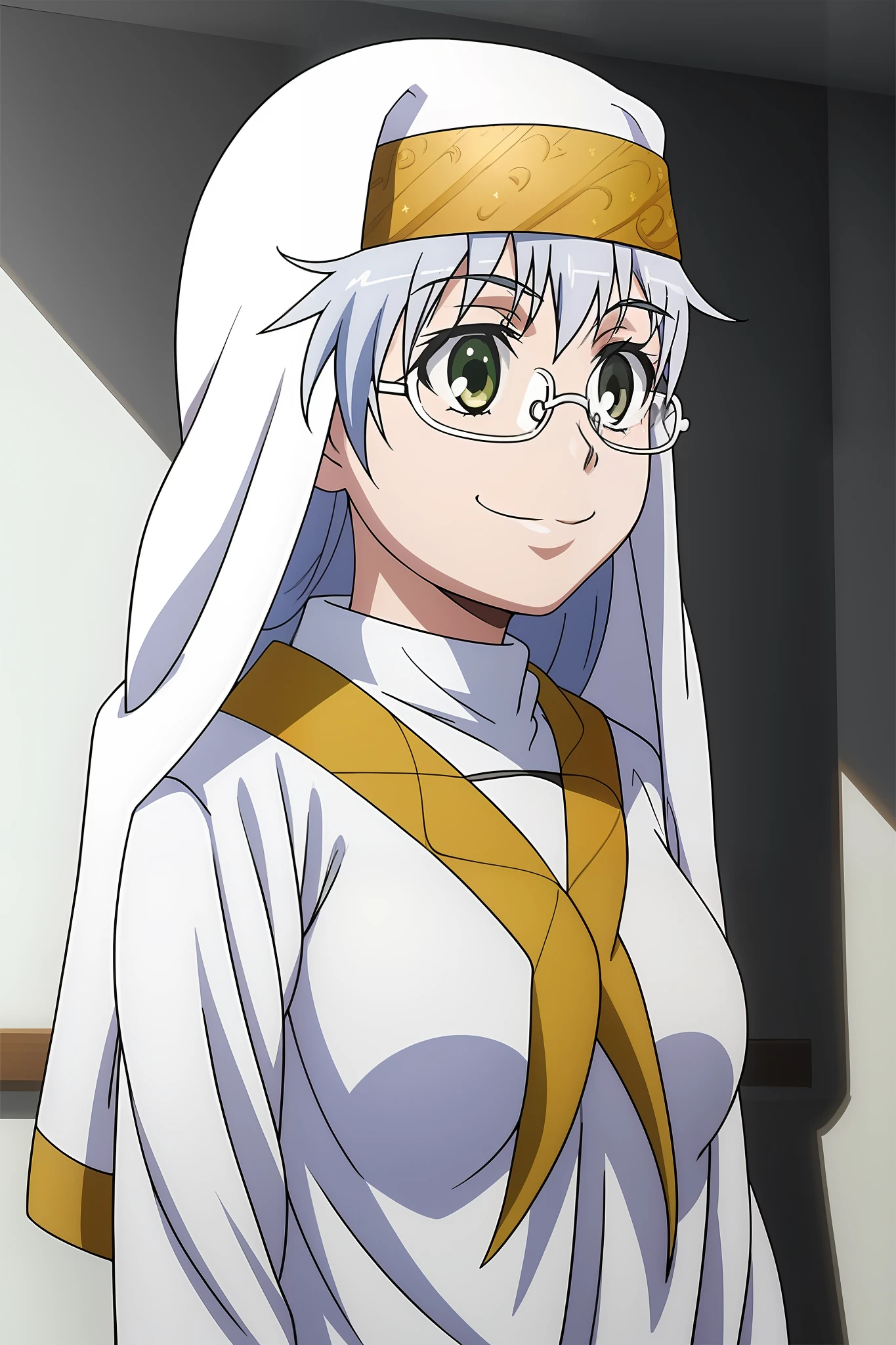 1girl, masterpice, high quality, best quality, good anime picture, misaki, ((school uniform)), ((serafuku)), glasses, twin braids, ((collar)), hair ornament, upper body, big breasts, dynamic light and shadows, smile, (adjusting eyewear:1.2), multicolor outfit, white hair, nun, white uniform