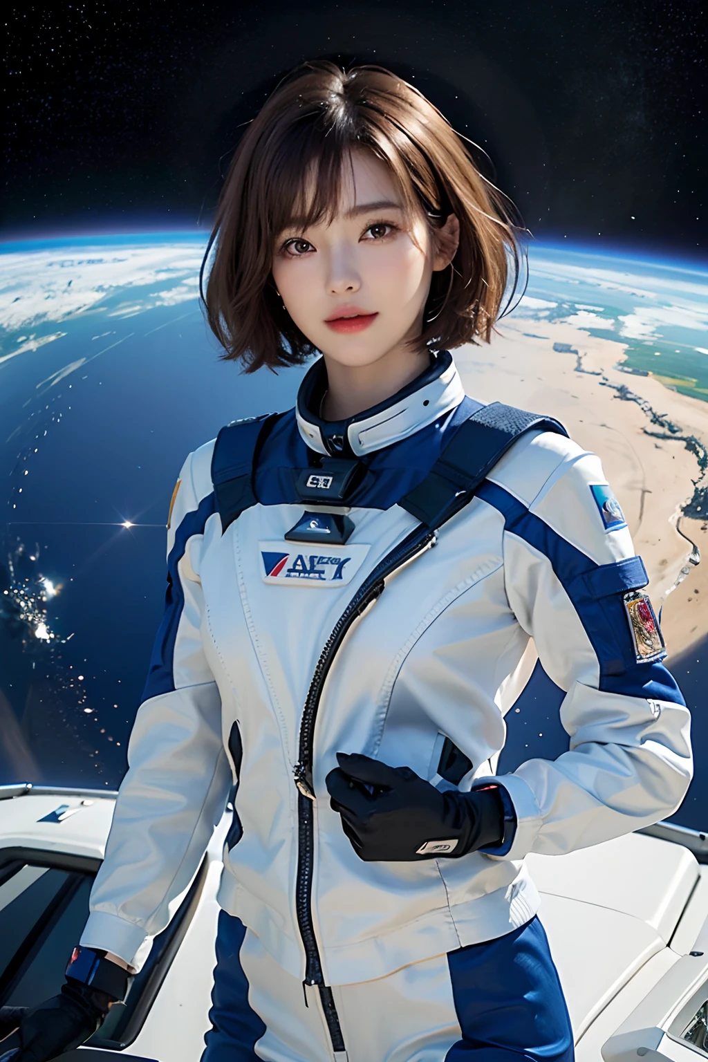 top-quality、​masterpiece、超A high resolution、(realisitic:1.4)、Beautuful Women１、Beautiful detail eyes and skin、ssmile、Light brown short-cut hair、The perfect spacesuit、Inside the spacecraft、Water Planet、weak sunshine、