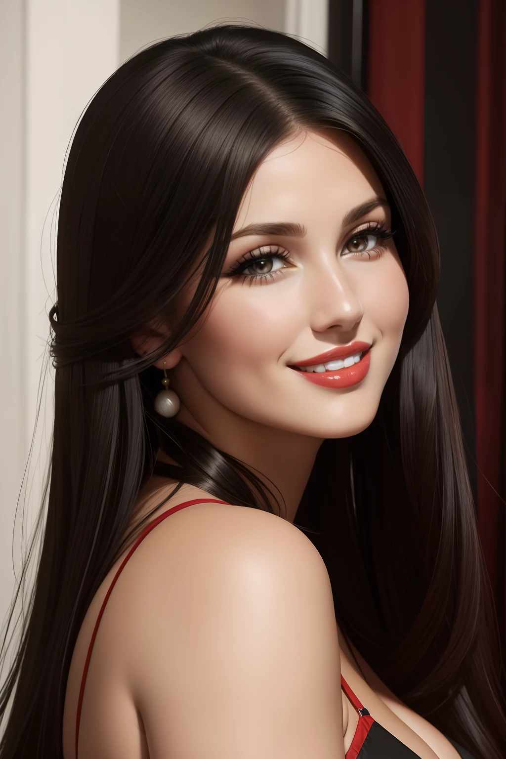 lucy pinder, face portrait, red lipstick, smiling, black hair, straight hair, cream dress, chubby woman.