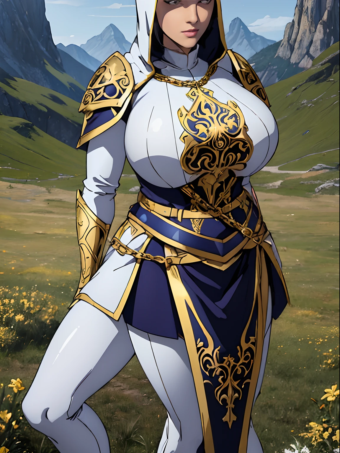 (masterpiece, top quality, best quality, official art, beautiful and aesthetic:1.2), (1girl:1.3), light freckles, fair skin, extremely detailed, portrait, looking at viewer, solo, (full body:0.6), detailed background, close up, (warm grasslands theme:1.1), holy paladin knight, charlatan, smirk, mysterious, swaying in mountains, modest attire, ((((ornate white and gold armor)))), cowl, nun hood, wimple, boob armor, cowl, robe, chain mail, chainmail, leggings, chainmail leggings, chain mail leggings, breastplate, tabard, gorget, hood, pauldrons, greaves, armored, long boots, longsword, shield, cape, cloak, pearlescent metal, white fabric, pale leather, ((((gigantic breasts)))), slim waist, slim hips, long legs, medieval (mountain exterior:1.1) background, dark mysterious lighting, shadows, magical atmosphere, dutch angle,