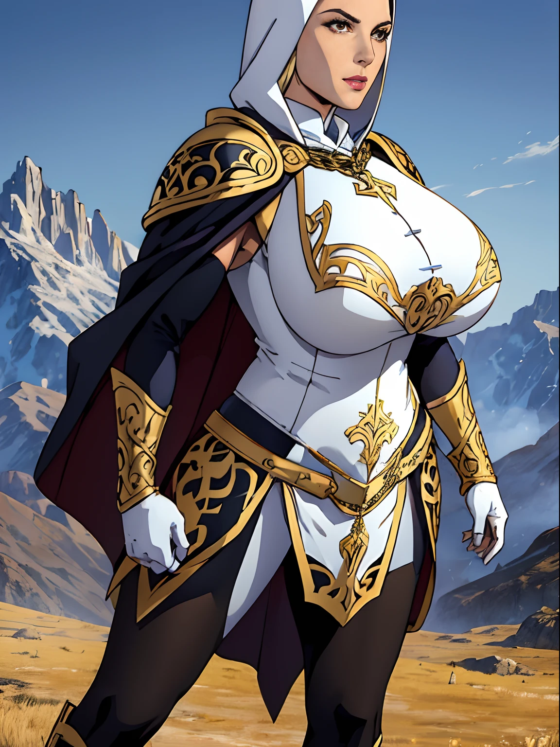 (masterpiece, top quality, best quality, official art, beautiful and aesthetic:1.2), (1girl:1.3), light freckles, fair skin, extremely detailed, portrait, looking at viewer, solo, (full body:0.6), detailed background, close up, (warm grasslands theme:1.1), holy paladin knight, charlatan, smirk, mysterious, swaying in mountains, modest attire, ornate white and gold armor, cowl, nun hood, wimple, cowl, robe, chain mail, chainmail, leggings, chainmail leggings, chain mail leggings, breastplate, tabard, gorget, hood, pauldrons, greaves, armored, long boots, longsword, shield, cape, cloak, white fabric, pale leather, (gigantic breasts:1.4), slim waist, slim hips, long legs, medieval (mountain exterior:1.1) background, dark mysterious lighting, shadows, magical atmosphere, dutch angle,
