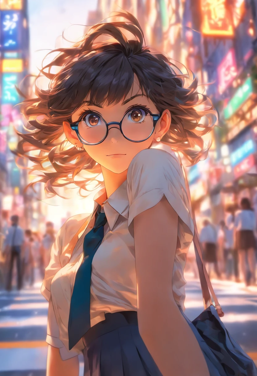 masterpiece, best quality, ultra-detailed, illustration,, (paisura:1.4), 1girl, glasses, small breasts, necktie, skirt, bag, school uniform, black hair, outdoors, road, between