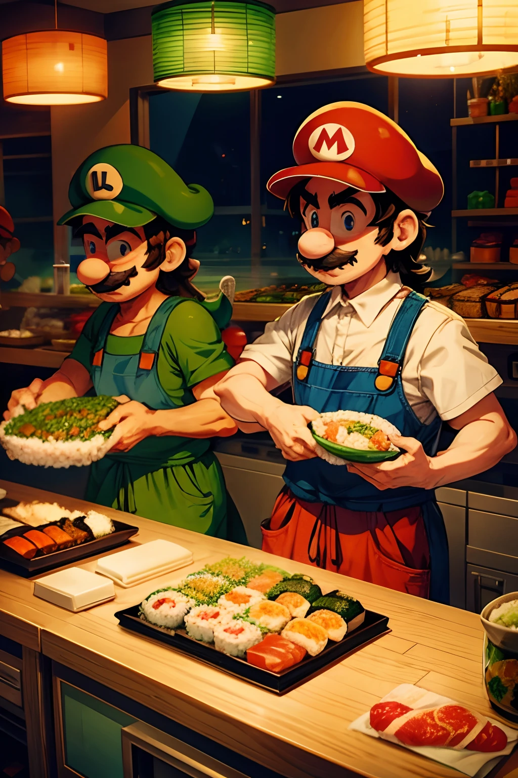 Mario and Luigi running a Sushi counter