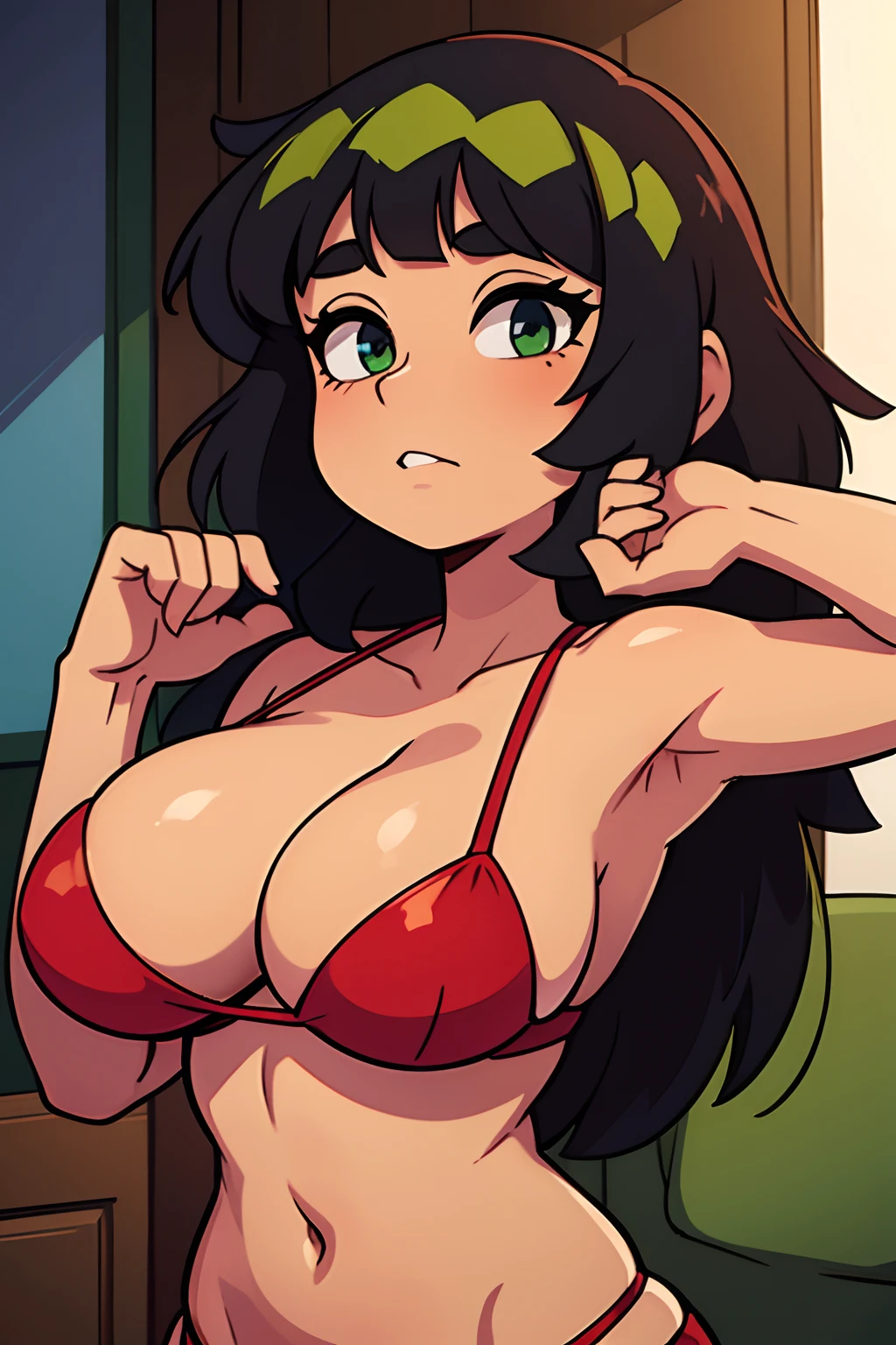 sereia com calda verde, red bra, black hair