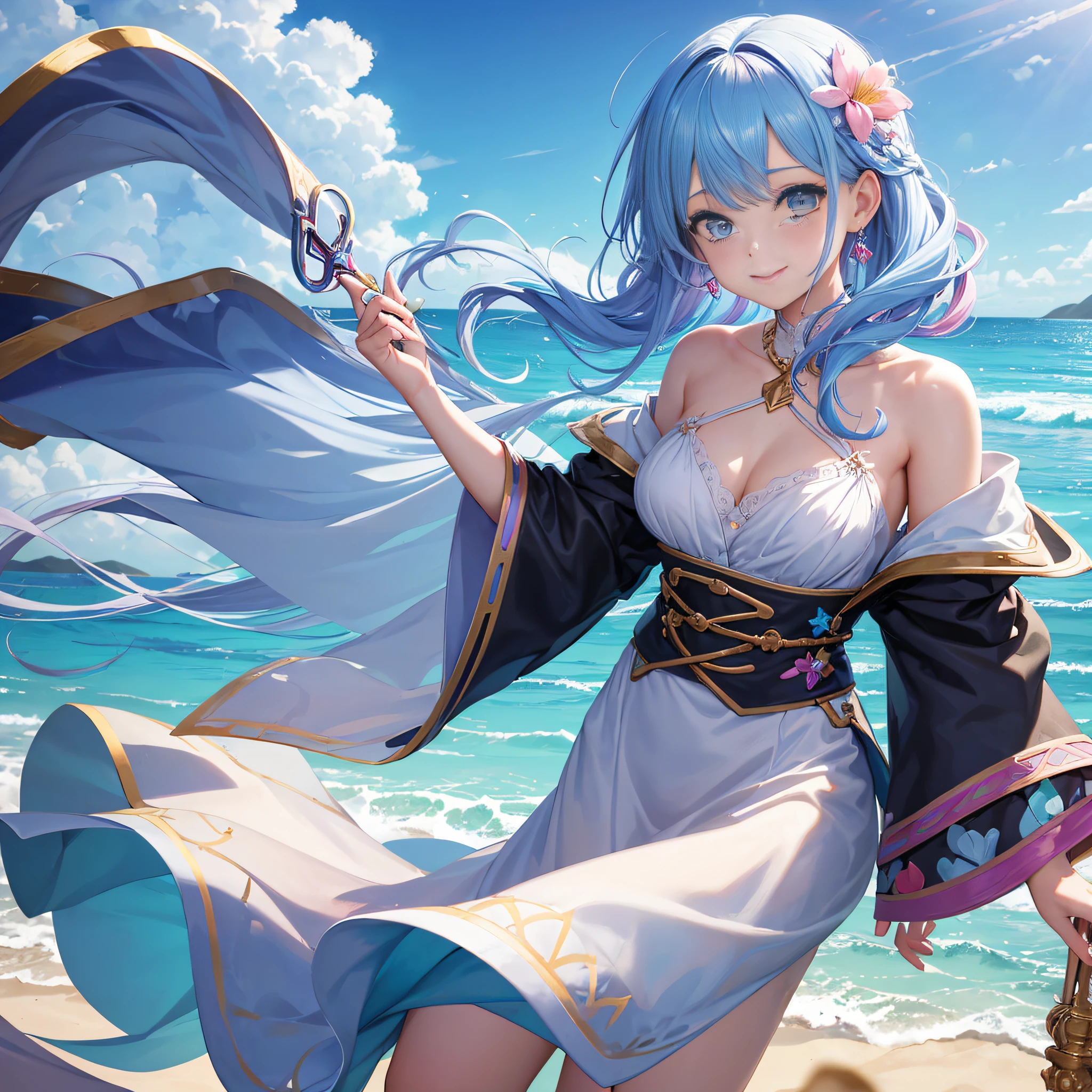 (Woman) young, anime, (full body) wide hips, small breasts, and big ass, (short Greek torn dress) white coloration and gold embroidery at the edges, (straight blue hair with bangs and long), (earrings), (necklaces), (landscape) beach, clear sky with a beautiful sun, (body position) sitting on top of the sand with her beautiful hands leaning against the waters, (beautiful face). --auto --s2