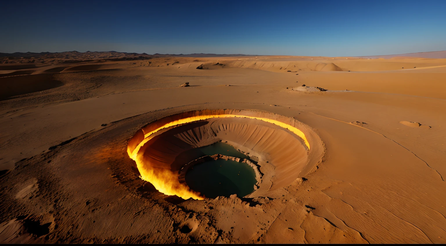 an immense crater in flames in the middle of the Karakum desert